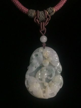 Fine Carved Chinese Jade Jadeite Stone Bats Pendant In Woven Silk Cord Necklace