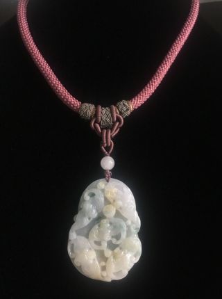 Fine carved Chinese Jade Jadeite Stone Bats Pendant in woven Silk Cord Necklace 3