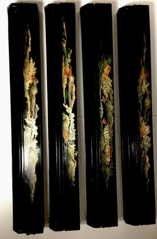 Antique Chinese Black Lacquer Hand Painted Mah Jong Tile Trays Set Of 4 - 16.  5”
