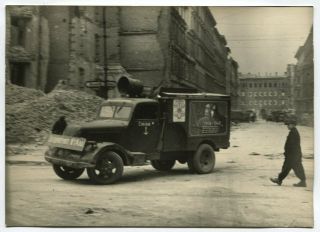 Russian Wwii Large Size Photo: Propaganda Vehicle In Ruined Berlin,  May 1st 1945