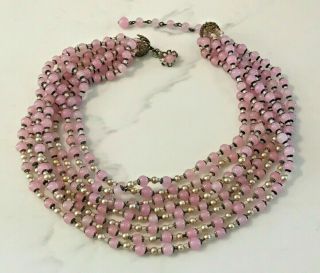 Vtg Miriam Haskell Necklace,  8 Strands,  Pink Glass Beads,  Signed Early 1950s?
