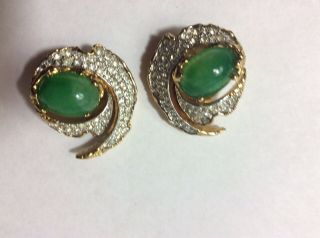 Vintage Signed Jomaz Joseph Mazer Green W Rhinestones Clip On Earrings