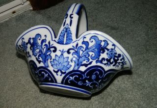 Vintage White Ceramic Basket With Dark Blue Flowers