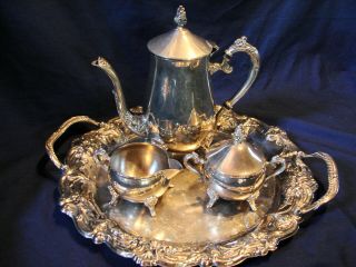 Vtg International Silver Plate Ornate Floral Coffee /tea Pot Creamer Sugar &tray