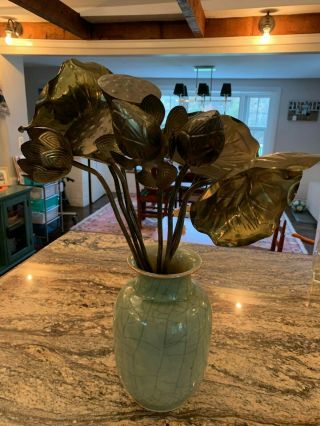 Awesome Mid Century Brass Lotus Flowers Long Stem Bouquet