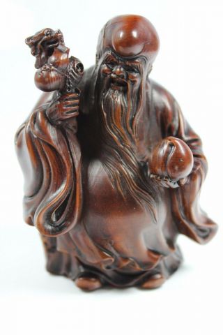 Antique 19th Century Chinese Hand Carved Wooden God Of Longevity 10x8x6cm