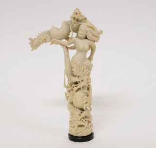 Exquisite Antique Chinese Hand Carved Figure Antler Horn Mermaid And Dragons