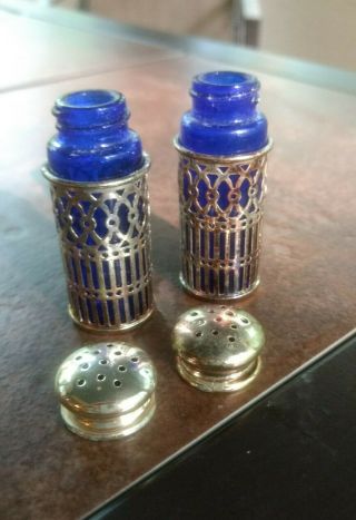 Vintage Leonard Salt And Pepper Shakers Cobalt Blue Glass W Silver Plated Covers