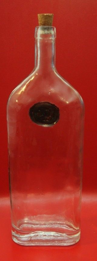 Unique Vintage Clear Hand Blown Glass Liquor Bottle Cork Medallion Pontil 13.  5 
