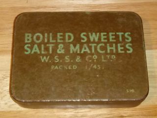 Rare 1943 Wwii U.  S.  Army W.  S.  S.  &co.  Boiled Sweets Salt & Matches Tin - 3 Day N/r