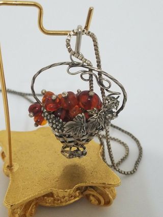Vintage Sterling Silver Detailed Basket Pendant W/amber Beads