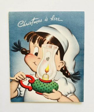 Norcross Vintage Christmas Card Susie - Q Nightgown Hat Lantern Pigtails