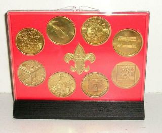 BOY SCOUTS OF AMERICA NATIONAL JAMBOREE 8 COMMEMORATIVE COINS W/ CASE & STAND 2