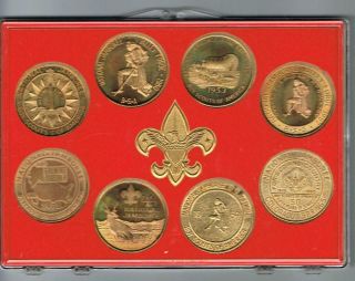 BOY SCOUTS OF AMERICA NATIONAL JAMBOREE 8 COMMEMORATIVE COINS W/ CASE & STAND 3