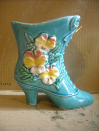 Vintage Victorian Boot Vase Ceramic Floral Blue C9117 Napco Import Japan
