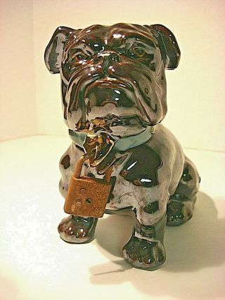 Vintage Bulldog Coin Bank Spike Collar / Ceramic Napco Pottery / w Lock / 1950s 3