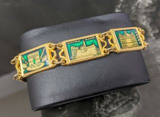 Lovely Vintage Paris France Green Enamel Link Souvenir Bracelet