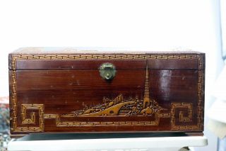 Antique Chinese Camphor Wood Box Carved Dragons Scholars