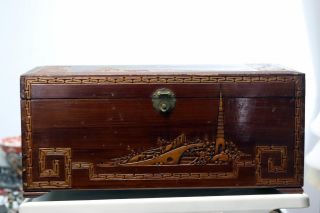 Antique Chinese Camphor wood Box Carved Dragons Scholars 2