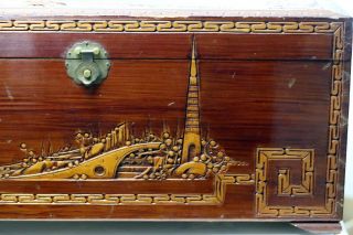 Antique Chinese Camphor wood Box Carved Dragons Scholars 3