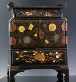 Antiquec1880 Japanese Meiji Gold Lacquer Coin Token Inlaid Cabinet Jewerly Chest