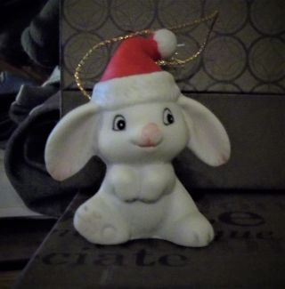 Homco Christmas White Bunny Rabbit With Santa Hat Vintage Ornament Figurine