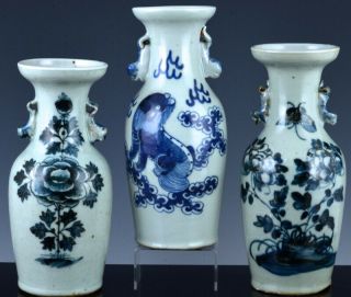 19thc Chinese Blue White Longquan Celadon Glaze Fu Lion Landscape Meiping Vases