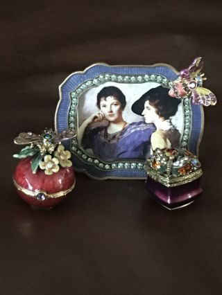 Jay Strongwater Enameled And Jeweled Frame And Trinket Boxes Trio