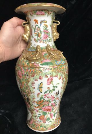 Antique Chinese Canton Porcelain Famille Rose Dragons Foo Dogs Vase