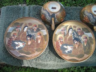 (4) Antique Japanese Satsuma Earthenware Moriage The Immortals And The Dragon
