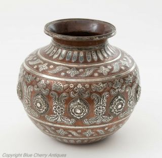 Antique 19th Century Indian Tanjore Heavy Copper & Silver Embossed Lota Vase