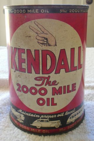 Vintage Full Metal Can Kendall 2000 Mile Motor Oil Planes Boats Cars Trucks Bus