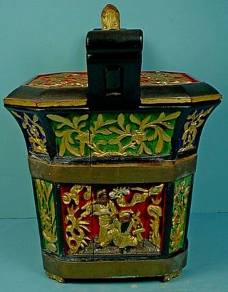 ANTIQUE CHINESE QING DYNASTY CARVED & PAINTED HARDWOOD WEDDING BOX 3
