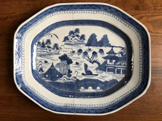 Very Large Chinese Antique 18th C Blue And White Platter Plate Meat Dish Canton