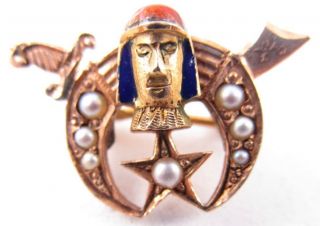 Unusual 14k Gold Masonic Shriner Scimatar Pearl Enamel Pin - 1.  4 Grams