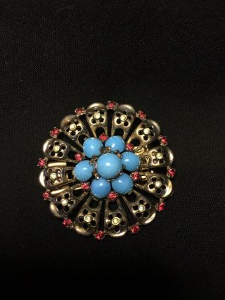 Vintage Crown Trifari Sterling Silver Turquoise Ruby Alfred Philippe Brooch Pin