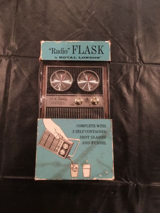 Vintage 1969 Royal London Radio Flask Jigger Shot Glasses Funnel Box