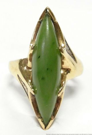 Vintage 5ct Natural Jade Solid Gold Lady Ring Midcentury Long Navette Solitaire