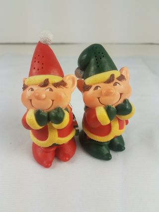 Vintage Christmas Elf Elves Hallmark Salt And Pepper Shakers Set Red Green