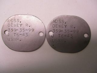 Us Navy Wwii Identification Tag Set For Moss,  Dewey R. ,  359 - 35 - 99,  O,  T6 - 43 Usnr