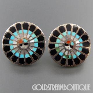 Vintage Zuni Sterling Silver Gemstone Inlay Sun Face Sun God Round Post Earrings