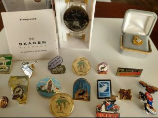 Loyal Order Of Moose Skagen Watch,  Membership Pin With Diamond,  And Hat Pins.