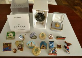 Loyal Order Of Moose Skagen Watch,  membership pin with diamond,  and hat pins. 2
