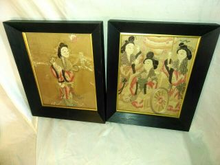 Pair Antique Framed Chinese Silk Embroidery Picture Women Textile