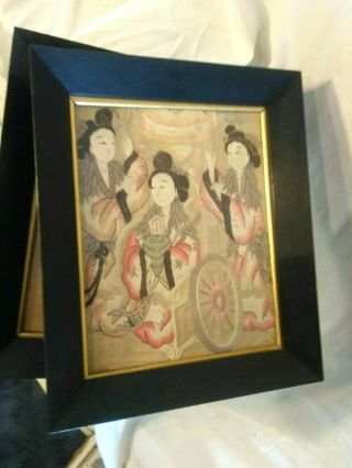 Pair Antique Framed Chinese Silk Embroidery Picture women textile 2