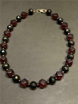 Vintage Faceted Cherry Amber Bead And Faceted Garnet Bead Necklace