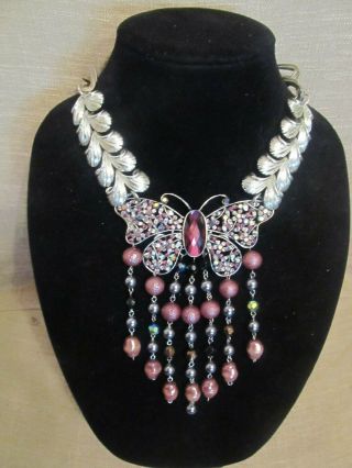 Vintage 4 " Rhinestone Butterfly Statement Necklace - A Repurposed Ooak