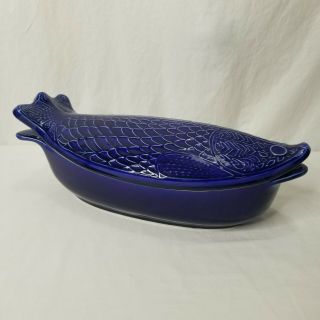 Vintage Cobalt Blue Casserole Dish Taylor & Ng Fish Environmental Ceramics 1966
