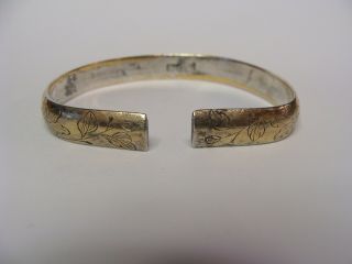 Antique Signed Chinese Export Gold Wash Silver Split Cuff Bangle Bracelet