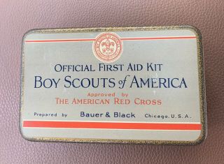 1928 Boy Scouts Of America Official First Aid Kit: Tin,  Pouch,  Booklet,  Contents